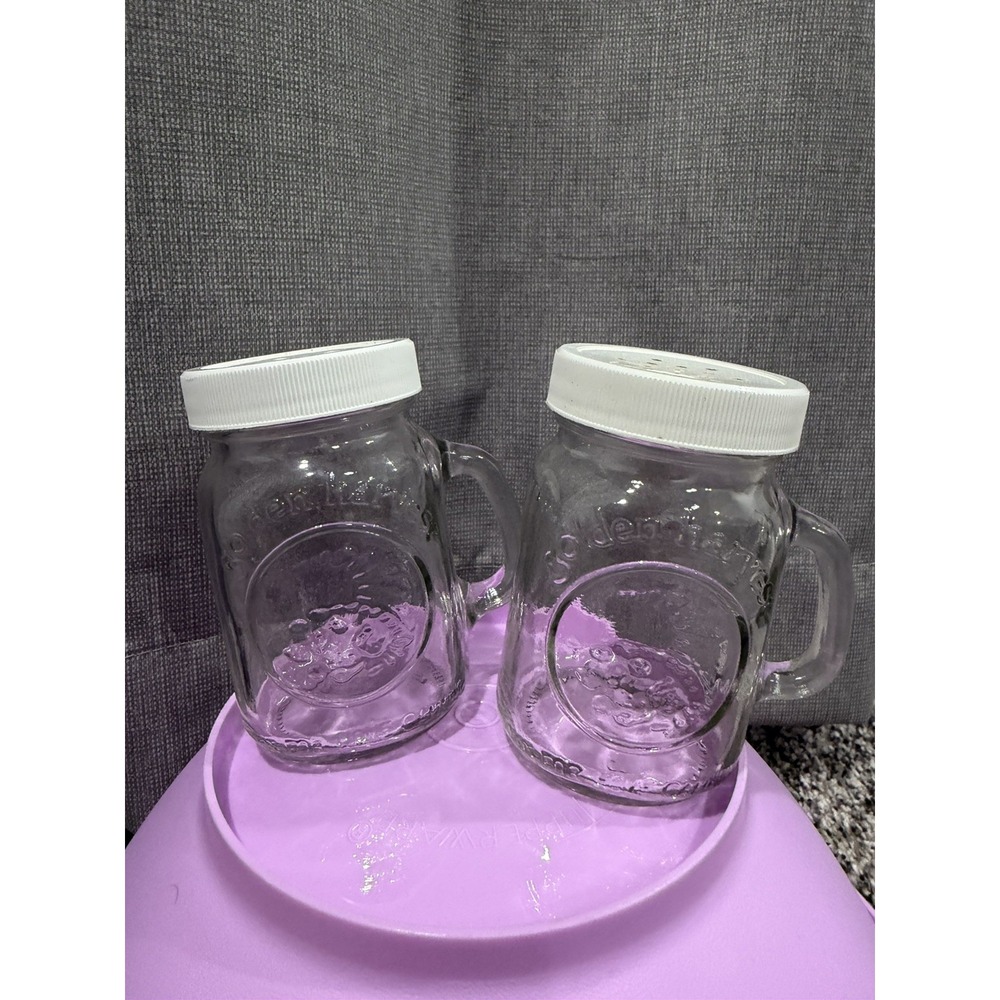 Golden Harvest Mason jar Salt And Pepper Shakers Handles White Plastic Lids